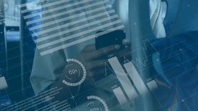 Animation of financial data processing over african american woman using smartphone. Global finance, business, connections, computing and data processing concept digitally generated video. - Powered by Shutterstock - Get 15% off with code: PIKWIZARD15