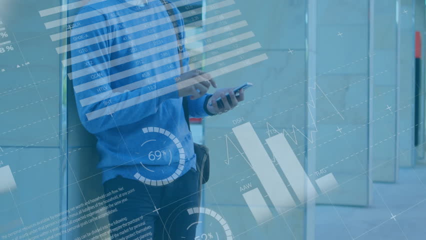 Animation of financial data processing over biracial man using smartphone. Global finance, business, connections, computing and data processing concept digitally generated video. - Powered by Shutterstock - Get 15% off with code: PIKWIZARD15