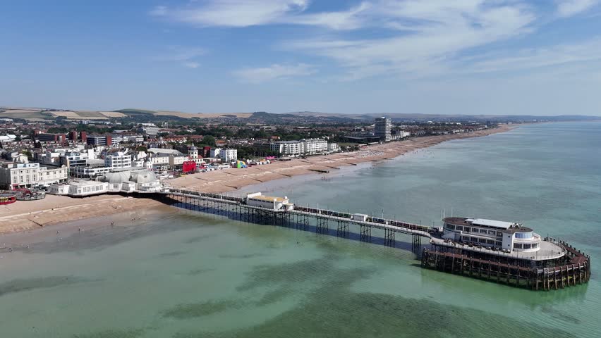 Worthing West Sussex UK seafront and pier drone,aerial 4k footage