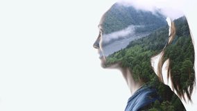 Isolated combination of the silhouette of a woman face and a landscape with mountains and river. Concept of the connection between man and nature - Powered by Shutterstock - Get 15% off with code: PIKWIZARD15