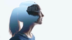Isolated combination of the silhouette of a woman face and a landscape with mountains and lake. Concept of the connection between man and nature - Powered by Shutterstock - Get 15% off with code: PIKWIZARD15