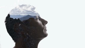 Isolated combination of the silhouette of a man face and a landscape with mountains. Concept of the connection between man and nature - Powered by Shutterstock - Get 15% off with code: PIKWIZARD15