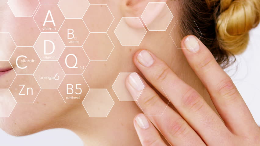 Woman, grid and overlay for skincare science for nutrition molecule, dermatology care and protein treatment. Girl, touch skin and facial repair for chemical ingredients, beauty and innovation formula