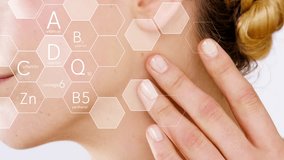 Woman, grid and overlay for skincare science for nutrition molecule, dermatology care and protein treatment. Girl, touch skin and facial repair for chemical ingredients, beauty and innovation formula - Powered by Shutterstock - Get 15% off with code: PIKWIZARD15