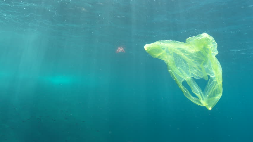 A yellow plastic bag floats alone in the ocean, an unsettling reminder of the growing plastic pollution crisis impacting marine ecosystems. Check my portfolio for more footage highlighting ocean pollu