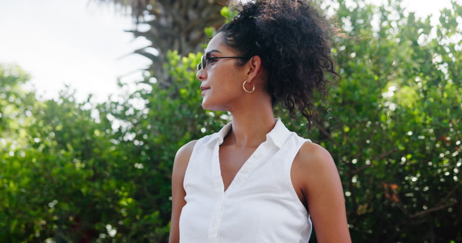 Woman, sunglasses and confidence outdoor for fashion, protection from sun or vision with smile. Stylish, trendy and edgy, dark shades for summer with accessory or eyewear for cool model in nature