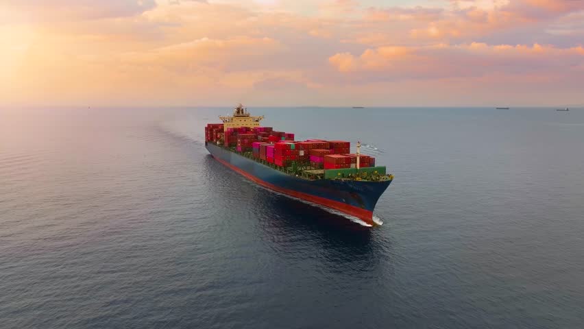 Aerial front view of a big cargo container carrier ship sailing over the ocean during sunset time