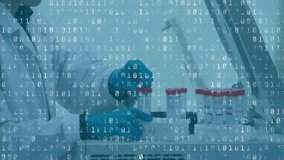 Animation of binary coding data processing over caucasian male scientist in laboratory. Global science, connections, computing and data processing concept digitally generated video. - Powered by Shutterstock - Get 15% off with code: PIKWIZARD15