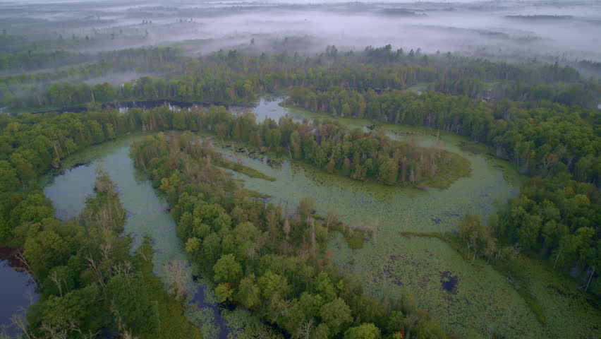 Drone shot flying over the little islands created by the numerous bends of the Manistee river