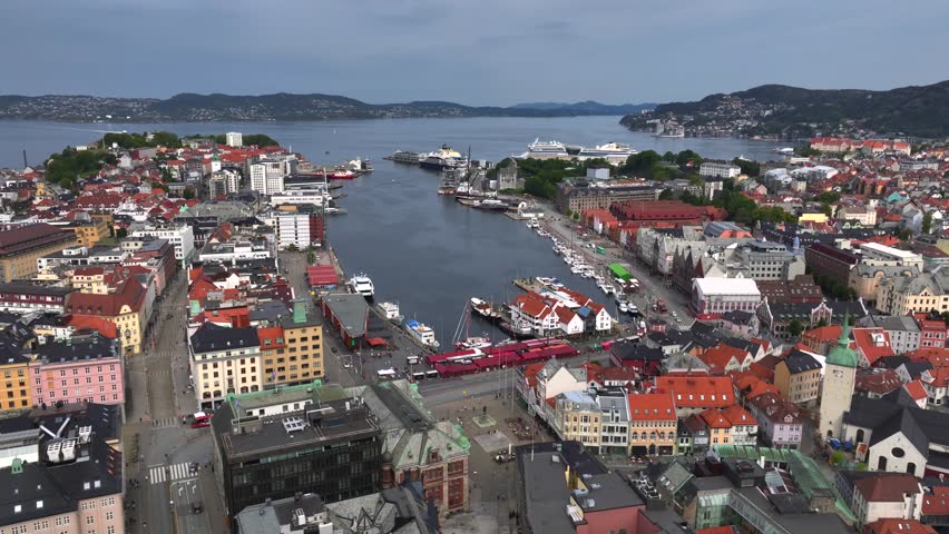 Bergen Aerial View, the second-largest city in Norway in municipality Hordaland on the west coast of Norway.