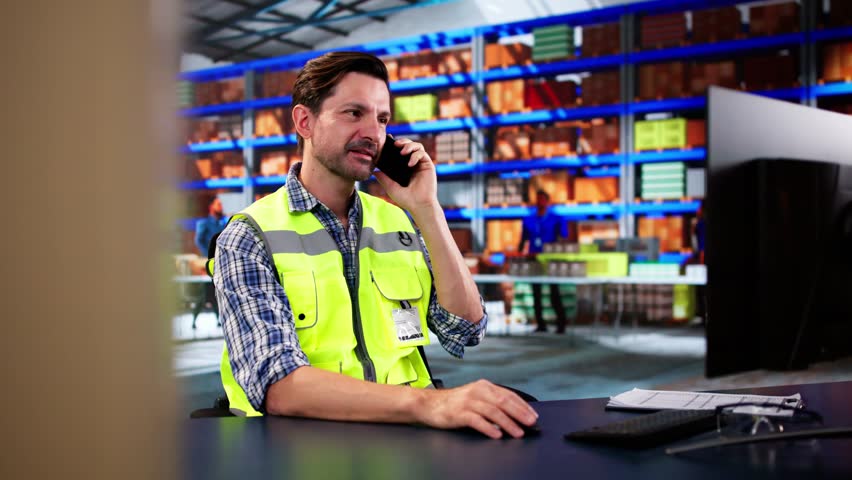 Man Calling On Mobile Phone At Warehouse