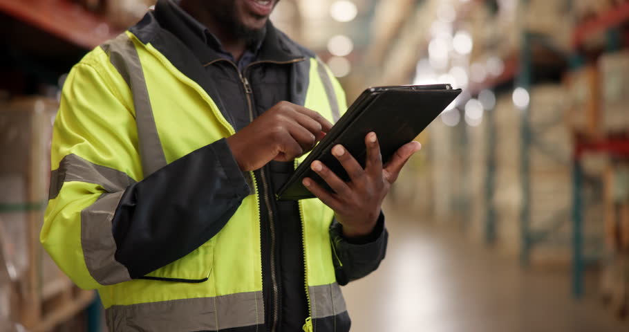 Warehouse, person and tablet with check in cargo for production, logistics and shipping company. Supervisor, stock manager and tech in distribution, trade and job in factory, supply chain or industry