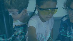 Animation of scientific data processing over diverse schoolchildren in laboratory. Global science, connections, computing and data processing concept digitally generated video. - Powered by Shutterstock - Get 15% off with code: PIKWIZARD15
