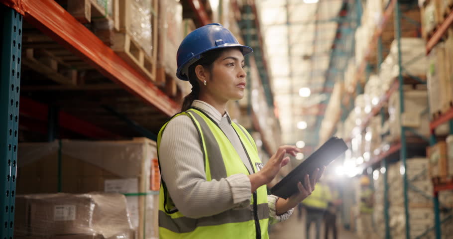 Woman, logistics and checklist with tablet for inventory, supply chain or distribution at storage. Female person, contractor or engineer on mobile smartphone for supply chain or freight at warehouse
