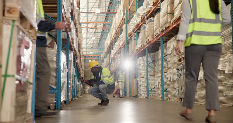 Warehouse logistics, people and fist pump for team building stock inspection and safety check. Supply chain, employees and inventory management with hello greeting for transportation and storage