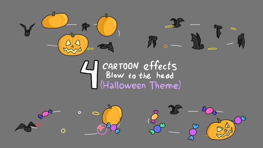 4 cartoon effects of stars overhead from impact. Drawn 2d Fx vertigo on halloween theme with bats and pumpkin. Looped animation. Chroma Key or Alpha Channel (transparent background)