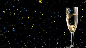 Animation of yellow and blue confetti falling over champagne glass on black background. Celebration, party and event, digitally generated video. - Powered by Shutterstock - Get 15% off with code: PIKWIZARD15