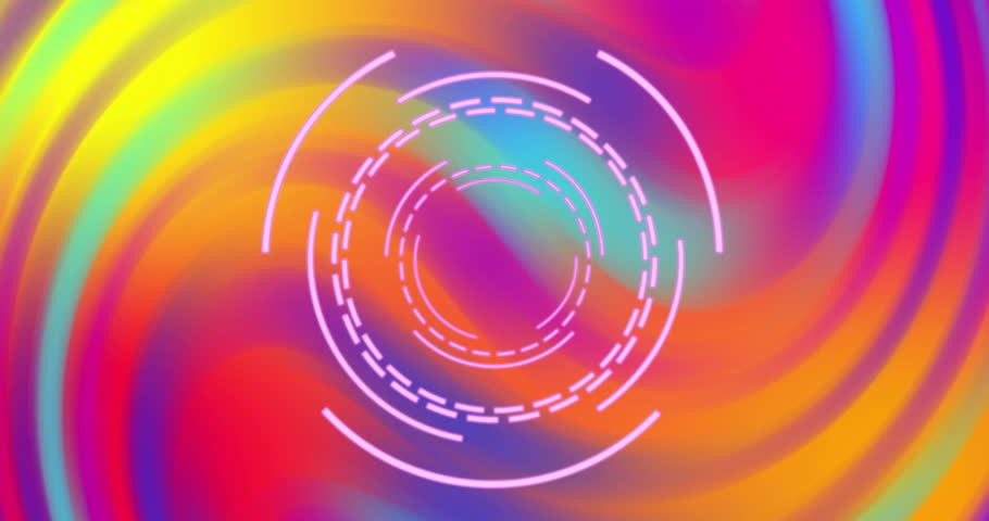 Animation of pink circular scanner processing over swirling psychedelic background. Network, connection, creativity, colour, processing, digital interface and communication, digitally generated video.