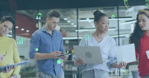 Animation of ecology icons and data processing over diverse colleagues discussing work in office. Global business and digital interface concept digitally generated video. - Powered by Shutterstock - Get 15% off with code: PIKWIZARD15