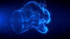 A high-tech 3D animation of T-Rex Head Anatomy being scanned with glowing blue lines and particles rotating motion view, lasts 20 seconds seamless loop. Ideal for science or sci-fi projects - Powered by Shutterstock - Get 15% off with code: PIKWIZARD15