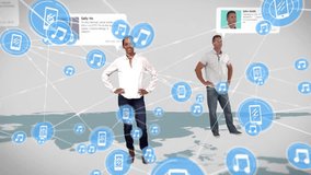 Animation of network of connections with device icons over businesspeople on grey background. Global connections, computing and data processing concept digitally generated video. - Powered by Shutterstock - Get 15% off with code: PIKWIZARD15