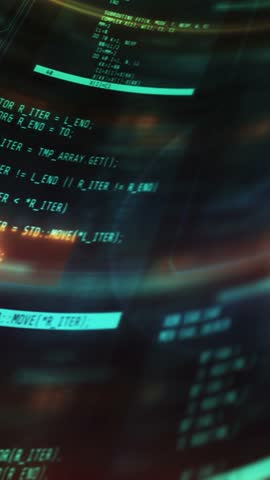 Animated background with computer code in interface windows.