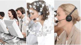 Animation of network of connections with globe over diverse businesspeople using phone headsets. Global connections, computing and data processing concept digitally generated video. - Powered by Shutterstock - Get 15% off with code: PIKWIZARD15