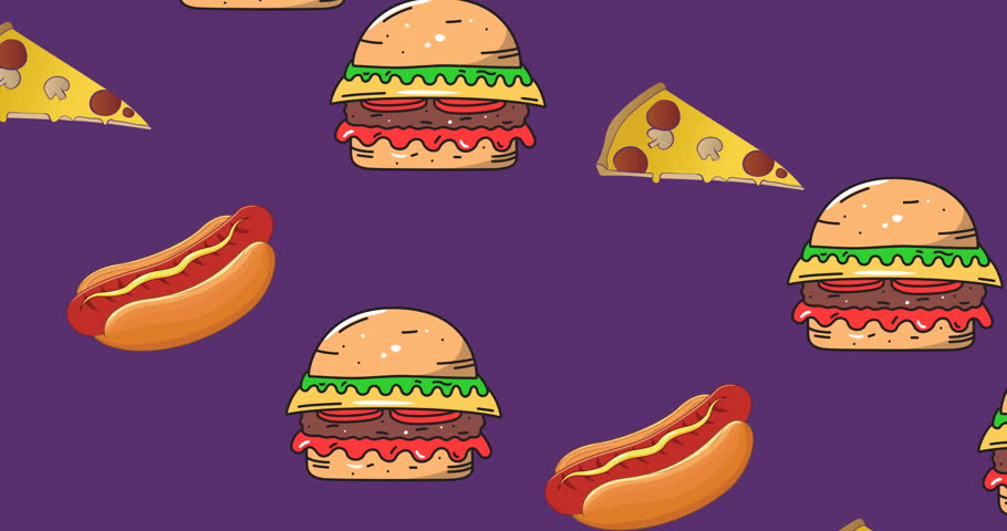 Animation of moving junk food icons on purple background. Celebration, food and digital interface concept digitally generated video.