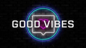 Animation of good vibes text over neon pattern on black background. Global video game, digital interface, communication, computing and data processing concept digitally generated video. - Powered by Shutterstock - Get 15% off with code: PIKWIZARD15