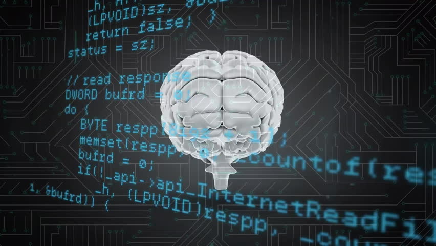 Animation of scientific data processing over human brain. Global science, connections, computing and data processing concept digitally generated video.