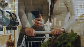 Animation of financial data processing over caucasian couple grocery shopping. Global shopping, finance, connections, computing and data processing concept digitally generated video. - Powered by Shutterstock - Get 15% off with code: PIKWIZARD15