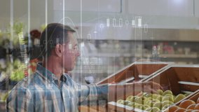 Animation of financial data processing over caucasian man grocery shopping. Global shopping, finance, connections, computing and data processing concept digitally generated video. - Powered by Shutterstock - Get 15% off with code: PIKWIZARD15