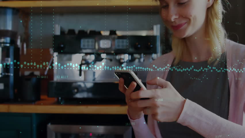Animation of financial data processing over caucasian woman using smartphone grocery shopping. Global shopping, finance, connections, computing and data processing concept digitally generated video. - Powered by Shutterstock - Get 15% off with code: PIKWIZARD15
