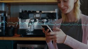 Animation of financial data processing over caucasian woman using smartphone grocery shopping. Global shopping, finance, connections, computing and data processing concept digitally generated video. - Powered by Shutterstock - Get 15% off with code: PIKWIZARD15