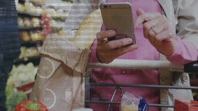 Animation of financial data processing over caucasian woman using smartphone grocery shopping. Global shopping, finance, connections, computing and data processing concept digitally generated video. - Powered by Shutterstock - Get 15% off with code: PIKWIZARD15