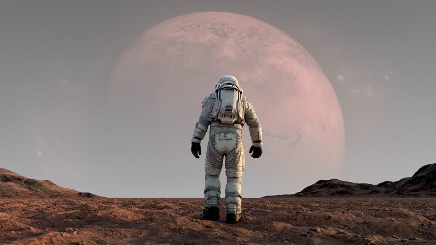 Astronaut in Spacesuit on Mars Planet in Space on Red Background. Spaceman Exploring Surface Mars in Expedition. 3d Animation Walking Man Cosmos Footage. Unrecognizable Cosmonaut Futuristic Journey 4k