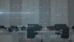 Animation of warning text and digital data processing over office. Global cyber security, connections, computing and data processing concept digitally generated video. - Powered by Shutterstock - Get 15% off with code: PIKWIZARD15