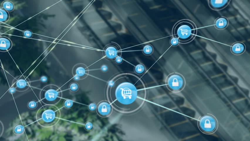 Animation of network of connections with trolley icons over cityscape. Global connections, computing and data processing concept digitally generated video. - Powered by Shutterstock - Get 15% off with code: PIKWIZARD15