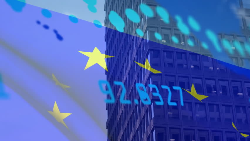 Animation of financial data processing over flag of european union and cityscape. Global finance, business, connections, computing and data processing concept digitally generated video. - Powered by Shutterstock - Get 15% off with code: PIKWIZARD15