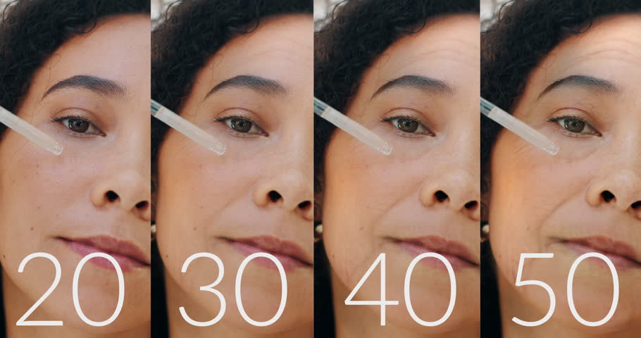 Portrait, woman and serum for aging with before after of collage transformation, skincare treatment and process. Girl, product and passage of time for dermatology, beauty versus and facial comparison