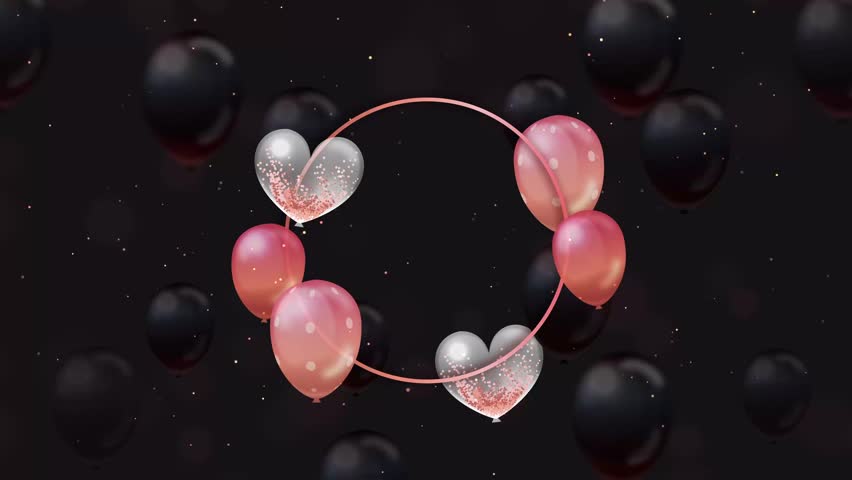 4k Animated Pink and Black Theme Happy Birthday Background with Hearts, Balloons and Gold Glitter. Use any video editor to add your text, image, logo, etc