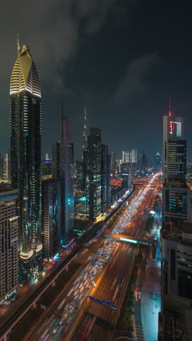 Timelapse view of traffic on Sheikh Zayed Road at night in Dubai, United Arab Emirates (UAE).