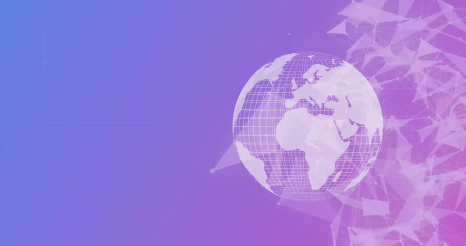 Animation of data processing with network of connections over globe on purple background. Global technology, computing and digital interface concept digitally generated video.