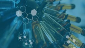 Scientific data and molecular structures animation over laboratory equipment. Science, research, digital, chemistry, analysis, technology - Powered by Shutterstock - Get 15% off with code: PIKWIZARD15