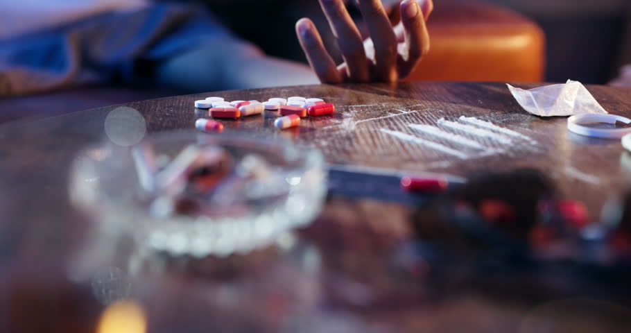 Drugs, death and hand of person with pills on sofa with ambulance for medical emergency, crisis and accident. Substance abuse, home and closeup with siren lights for overdose, addiction and help