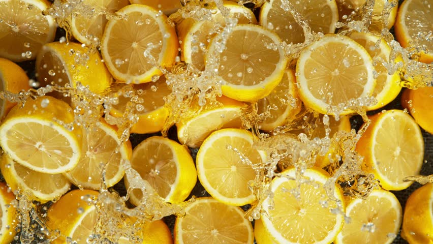 Super Slow Motion Shot of Splashing Fresh Lemons . Filmed on High Speed Cinematic Camera at 1000fps .