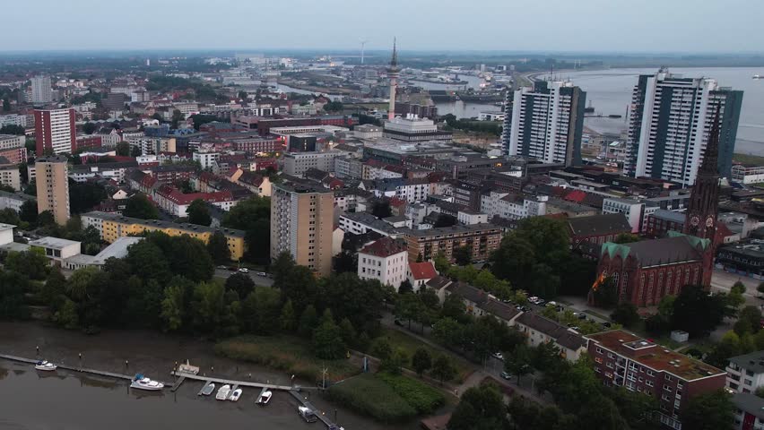 Aerial view of the old town of the city Bremerhaven on a late afternoon in summer in Germany.	