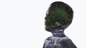 Combination of a silhouette of a face of child and a wild landscape with mountains trees and river. Concept of the connection between man and nature, taking care of the environment - Powered by Shutterstock - Get 15% off with code: PIKWIZARD15