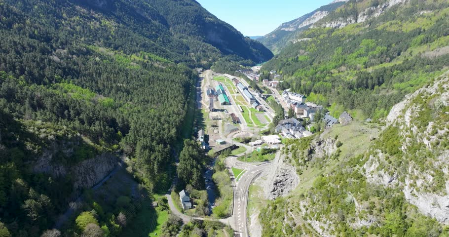 Canfranc Huesca station rear view with detail of WWII train, Spian
