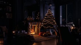 Christmas eve cozy mood in classic decorated living room with fire burning in fireplace, christmas tree, candles and gifts. Family waiting for rest. December holidays, winter, warm indoor. Snow falls. - Powered by Shutterstock - Get 15% off with code: PIKWIZARD15